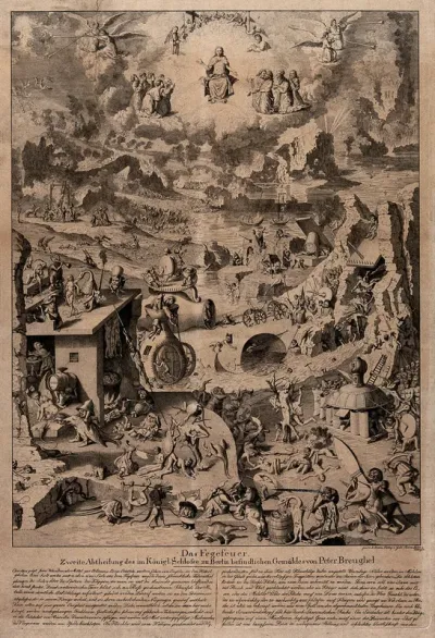 Purgatory. Etching by E. Henne after P. Bruegel the elder