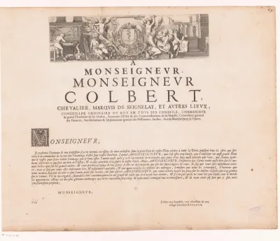 Putti actief in verschillende kunsten en putti met lauwerkransen om een wapenschild
