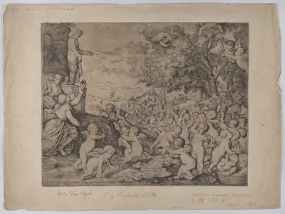 Putti before a statue of Venus; after Titian