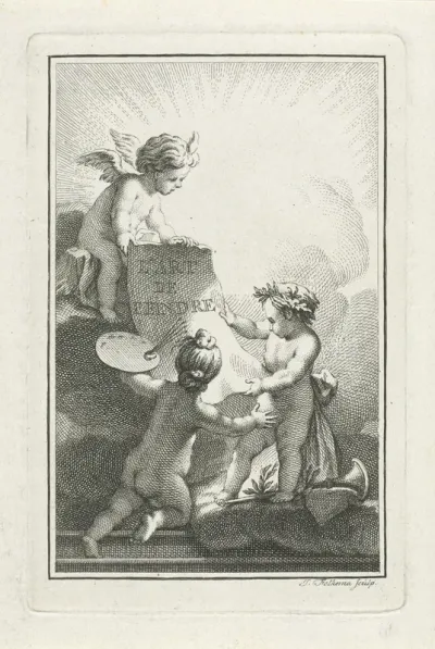 Putti bestuderen een vel papier