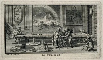 Putti deprive a bird of air in a vacuum experiment, one plays at billiards, another plays with magnetised keys, while outside a storm rages: representing physics