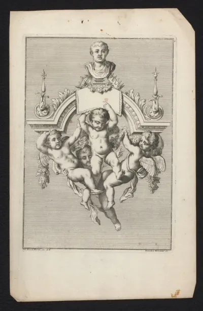 Putti dragen een boog met buste