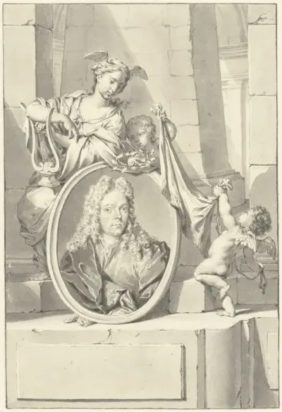 Putti en een vrouw bij een medaillon met het portret van Arnold Houbraken