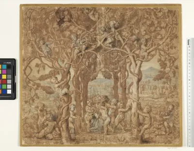 Putti høster vin og leger med en ged