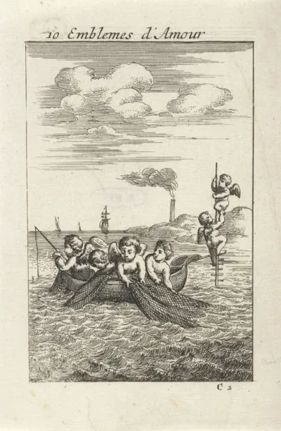 Putti in een boot met een visnet