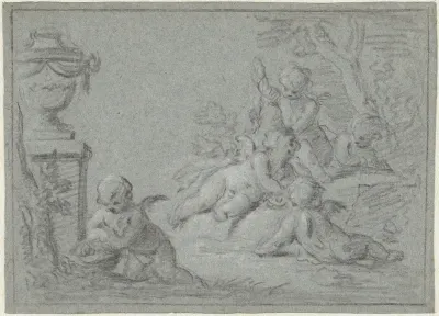 Putti in een landschap met een vaas
