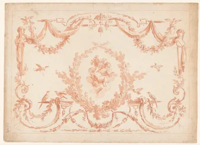 Putti met bloemenmand en arabesken