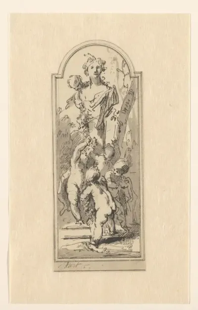 Putti met buste van vrouw tussen bomen