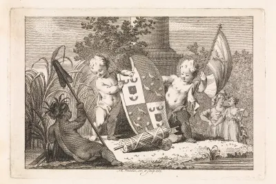 Putti met een familiewapen en een banier van de V.O.C. bij de waterkant