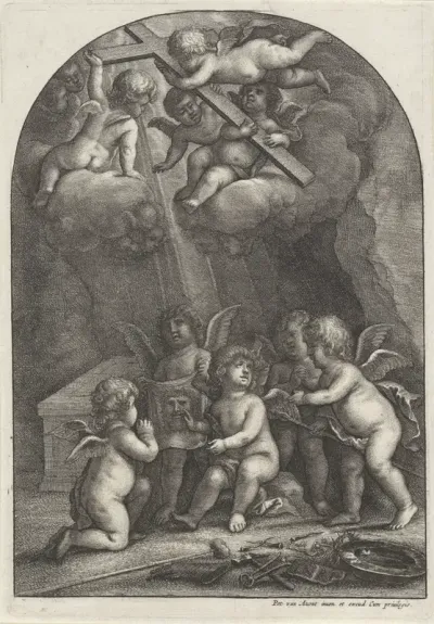 Putti met passiewerktuigen bij het graf van Christus