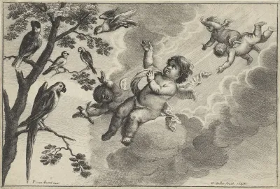 Putti met tropische vogels: het element Lucht