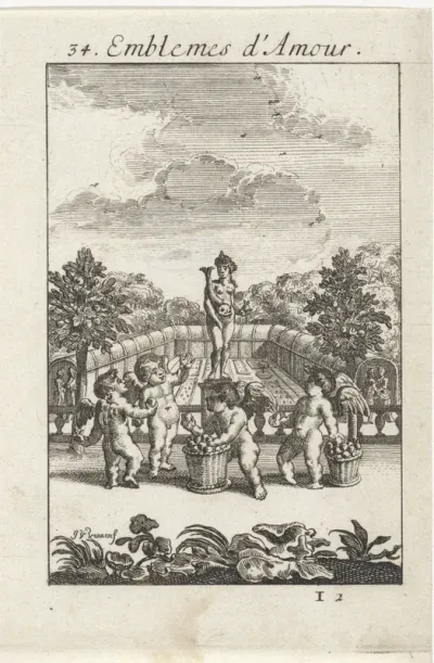 Putti met vruchten bij een tuin