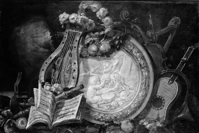 Putti Musicians in a Medallion, Surrounded by Musical Attributes, Flowers, and Fruit
