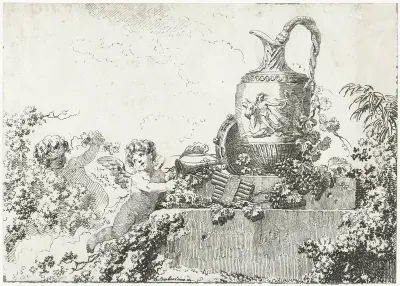Putti, muziekinstrumenten en een vaas