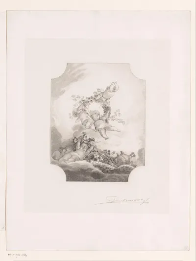 Putti op wolken met druivenranken en vaatwerk