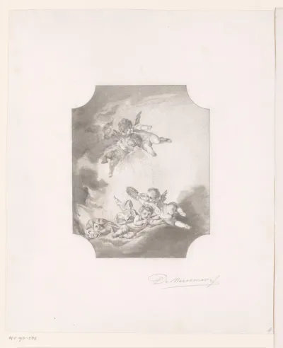 Putti op wolken met muziekinstrumenten en sneeuw