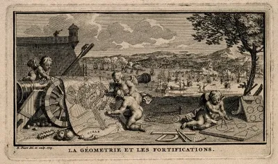 Putti plan war manoeuvres on maps with the help of geometrical diagrams; representing geometry and military science