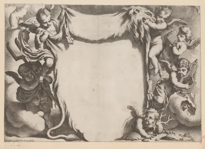 Putti rond een kader met leeuwenvel