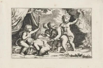 Putti spelen voor een tent