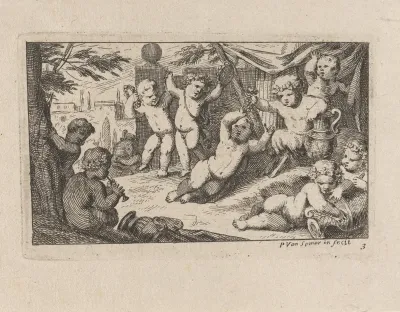 Putti spelend onder een baldakijn