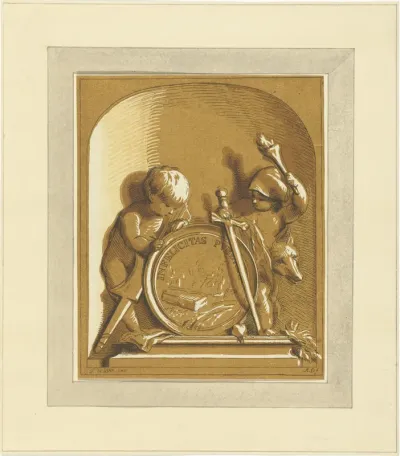 Putti staand bij medaillon met graftombe, in nis