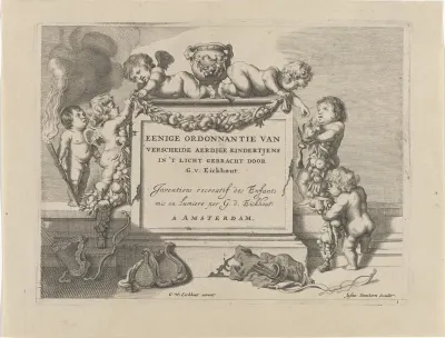 Putti versieren een monument met guirlandes