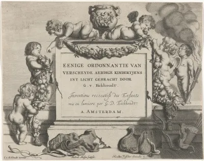 Putti versieren een monument met guirlandes