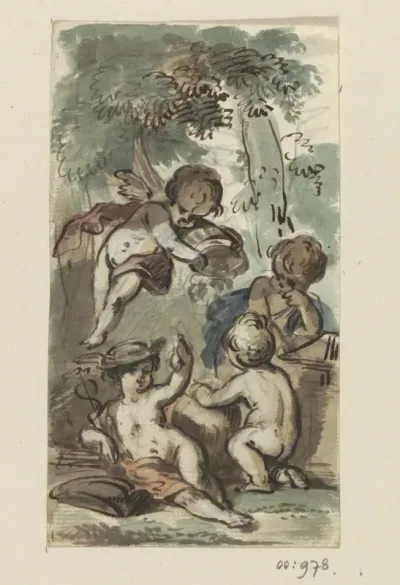 Putti waarvan één met de attributen van Mercurius
