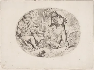 Putto at left by a fire, anther at right carrying wood, an allegory of the seasons (Winter)