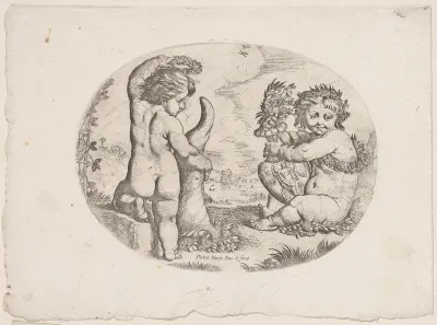 Putto at left holding an upturned cornucopia and a garland, another seated at the right holding an urn, an allegory of the seasons (Autumn)