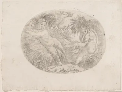 Putto at left reclining on sheaves of wheat, another at right carrying a sheave over his shoulder, an allegory of the seasons (Summer)