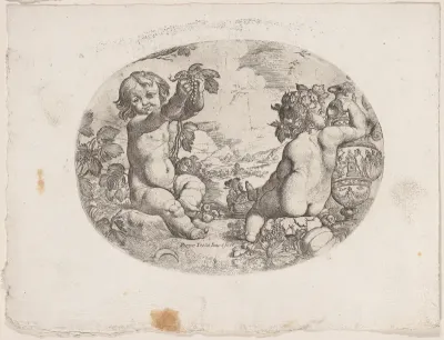 Putto at the left hold aloft grapes, another seated at the right holding an urn, an allegory of the seasons (Summer)