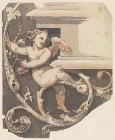 Putto gezeten op een bladrank voor de hoek van een geprofileerde kroonlijst