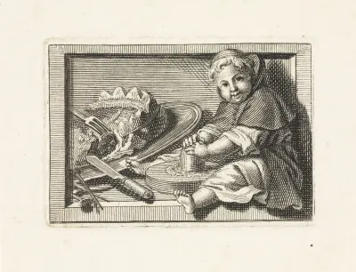 Putto in de kleding van een geestelijke maalt meel