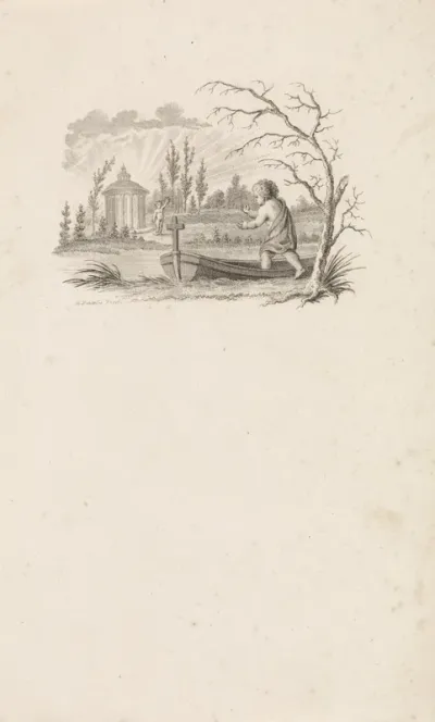 Putto in een boot en putto bij een tempel