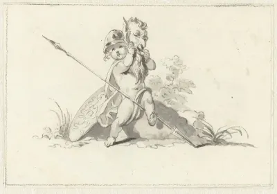 Putto in wapenrusting met masker