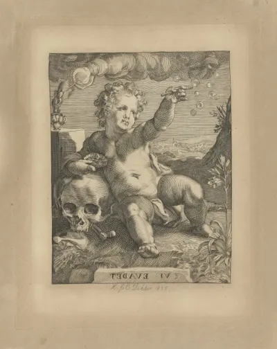 Putto leunend op schedel en bellenblazend