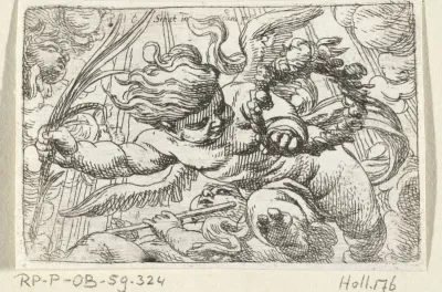 Putto met bloemenkrans en palmtak
