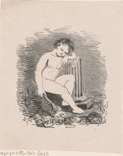 Putto met een fakkel leunend op een halve pilaar