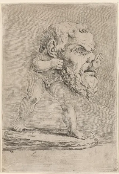 Putto met een groot masker op zijn hoofd