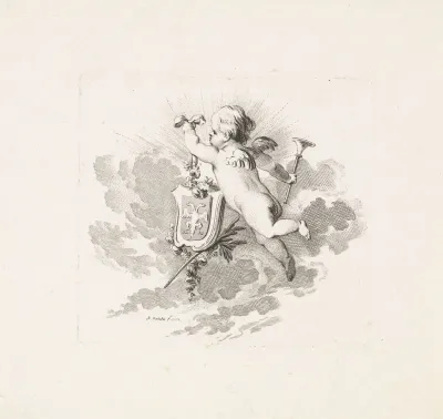 Putto met familiewapen en bazuin