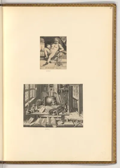 Putto mit Totenkopf; Stillleben mit Totenkopf, Sanduhr, Büchern und Künstlerwerkzeug