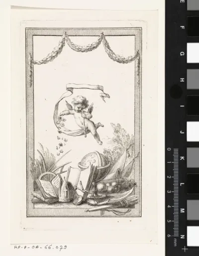 Putto strooit bloemen over allegorische attributen