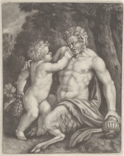Putto voert een sater druiven