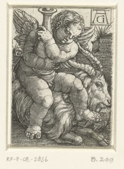 Putto zittend op een bok