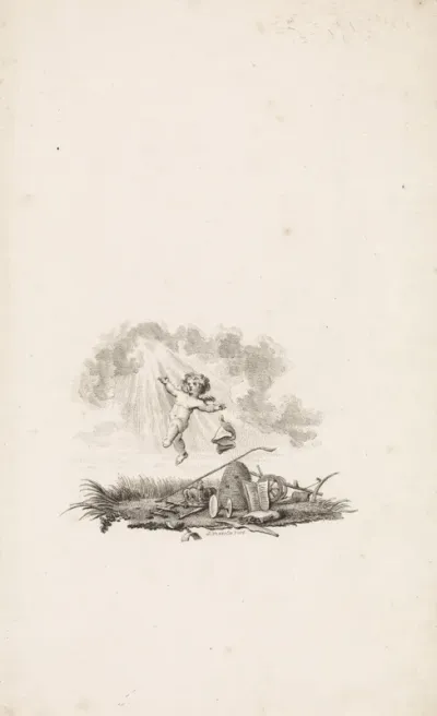 Putto zwevend boven een landschap