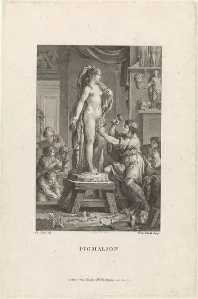 Pygmalion maakt een standbeeld van een vrouw
