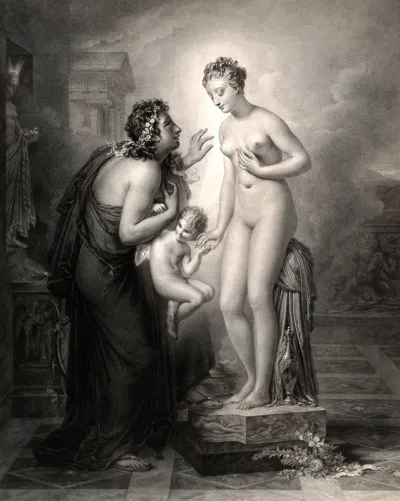 Pygmalion with his statue of a woman that comes to life