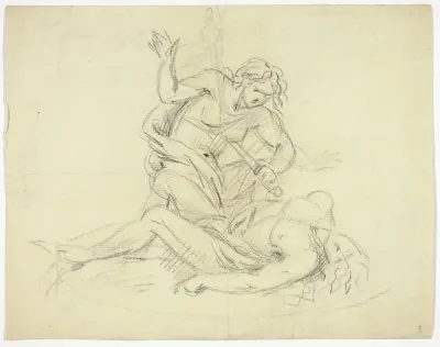 Pyramus and Thisbe (recto); Three Male Figures with Mausoleum Floor Plan (verso)