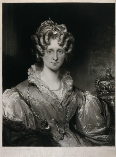 Queen Adelaide, wife of King William IV, seated; crown in the background